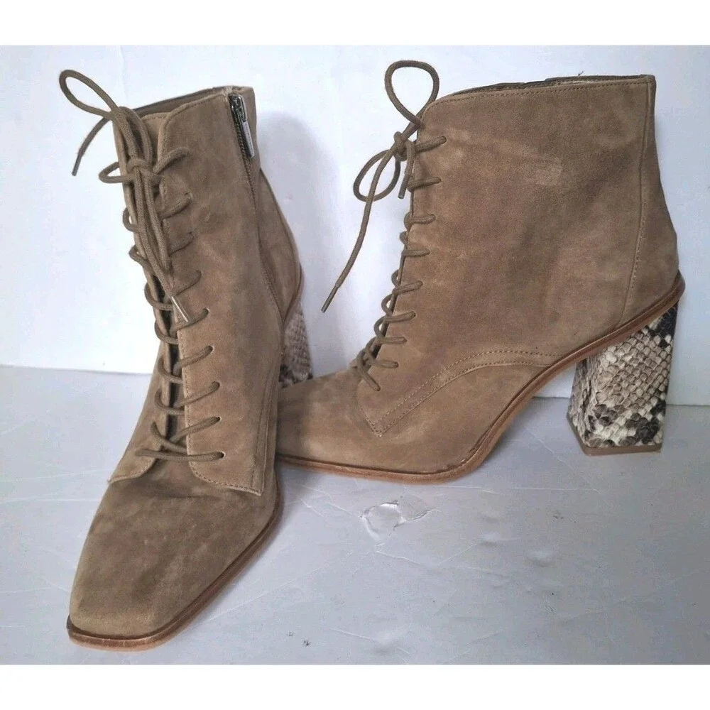 Vince Camuto Dreveri Suede Lace Up Ankle Boots Size 11 Snakeskin Heel Brown